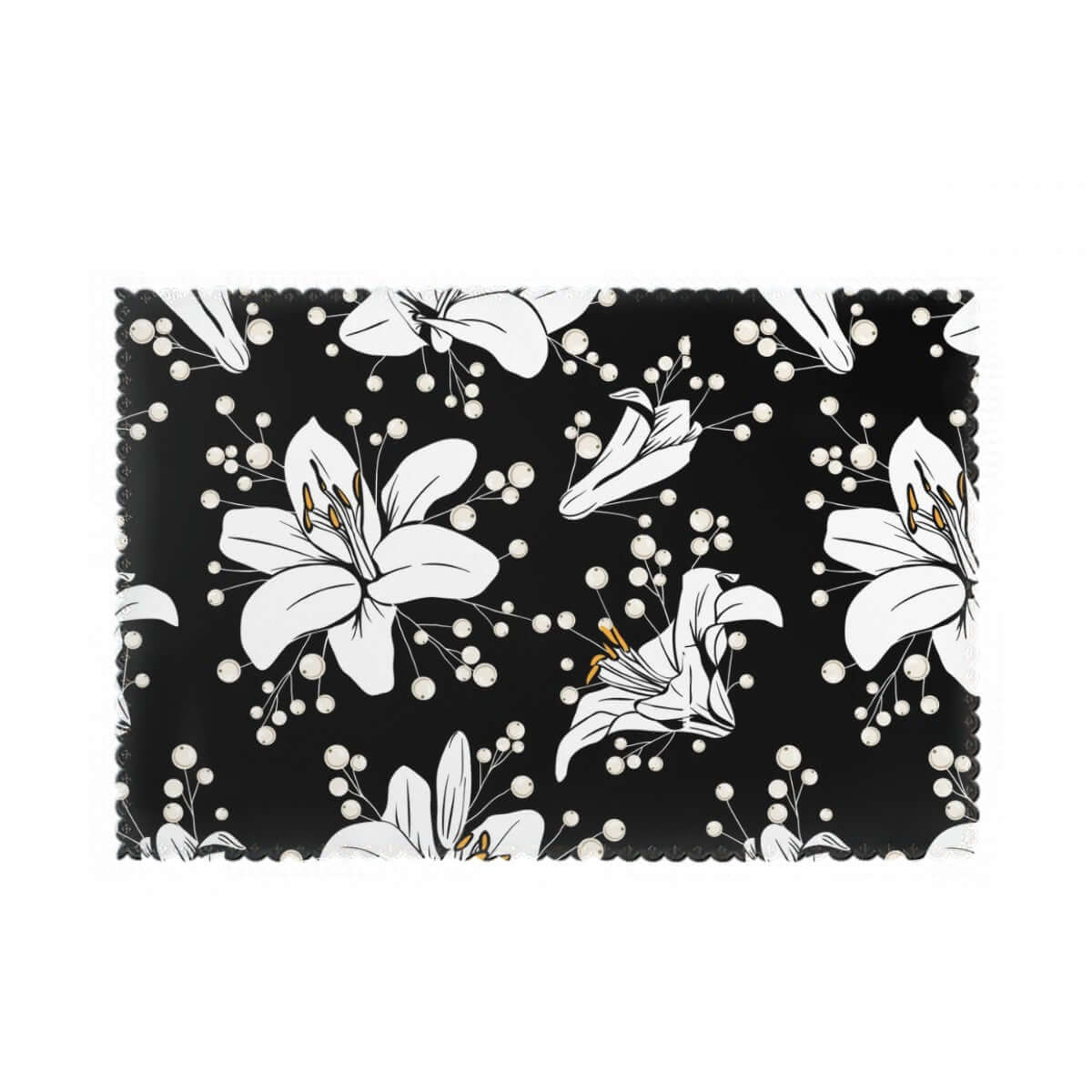 Hitzebeständige Tischsets, 6 Stück aus Polyester mit schwarzem und weißem Blumenmuster, ideal für stilvolle Tischanpassung.