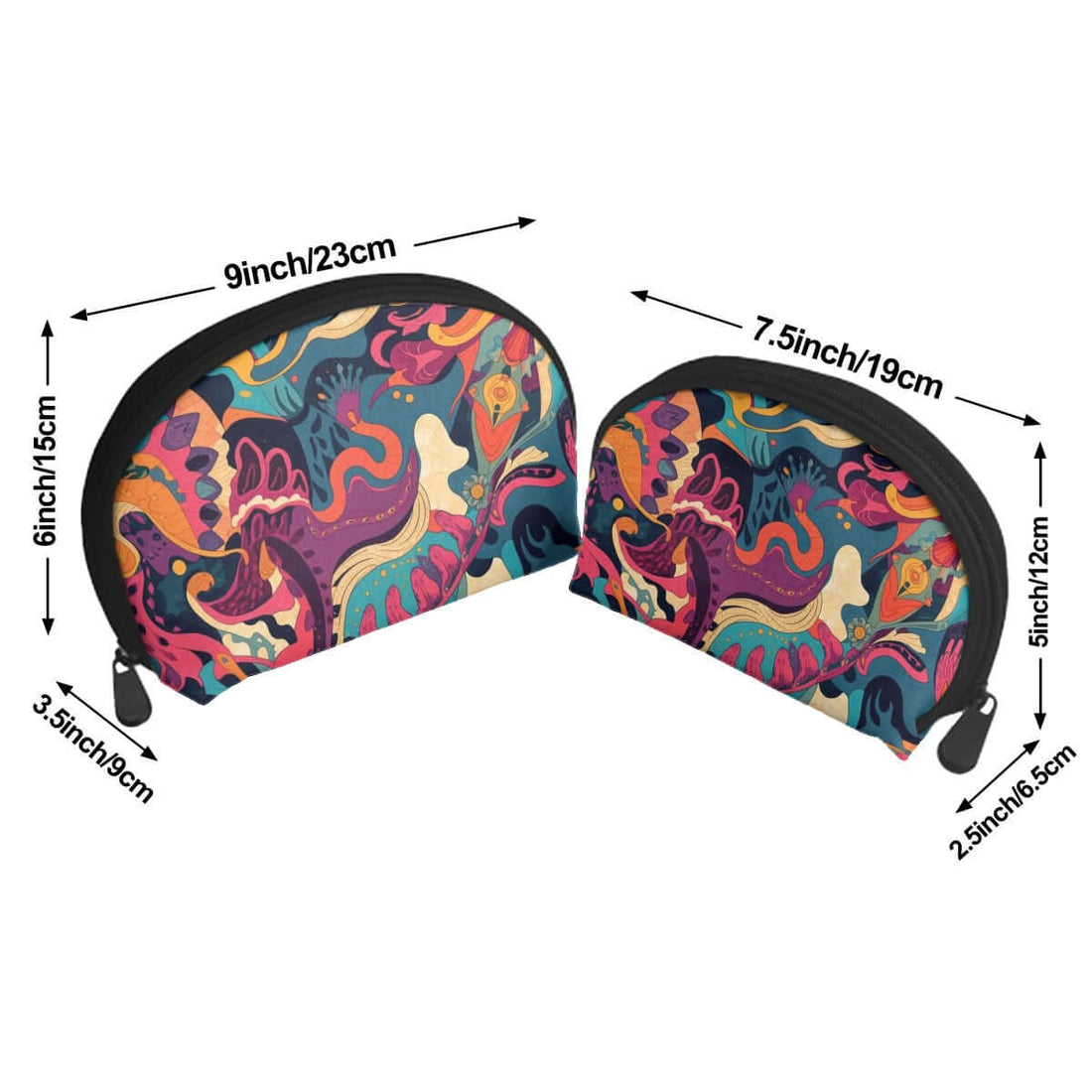 Aufbewahrungsbeutel-Set aus Polyester mit buntem Design, zwei Größen 9x3.5x6 und 7.5x2.5x5 Zoll, Reißverschluss für maximalen Zugang.