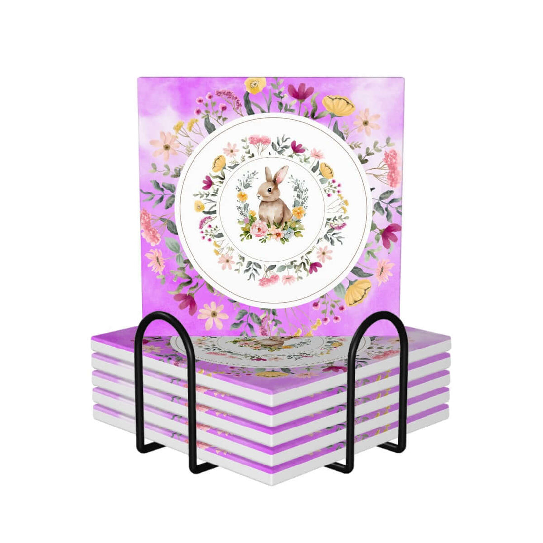 Quadratische Keramikuntersetzer, 6 Stück mit niedlichem Hasenmuster und Blumen, einseitiger UV-Druck, violetter Hintergrund