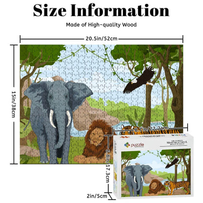 500-teiliges Holzpuzzle (horizontal) mit Elefant, Löwe und Tiger, gefertigt aus hochwertigem Lindenholz