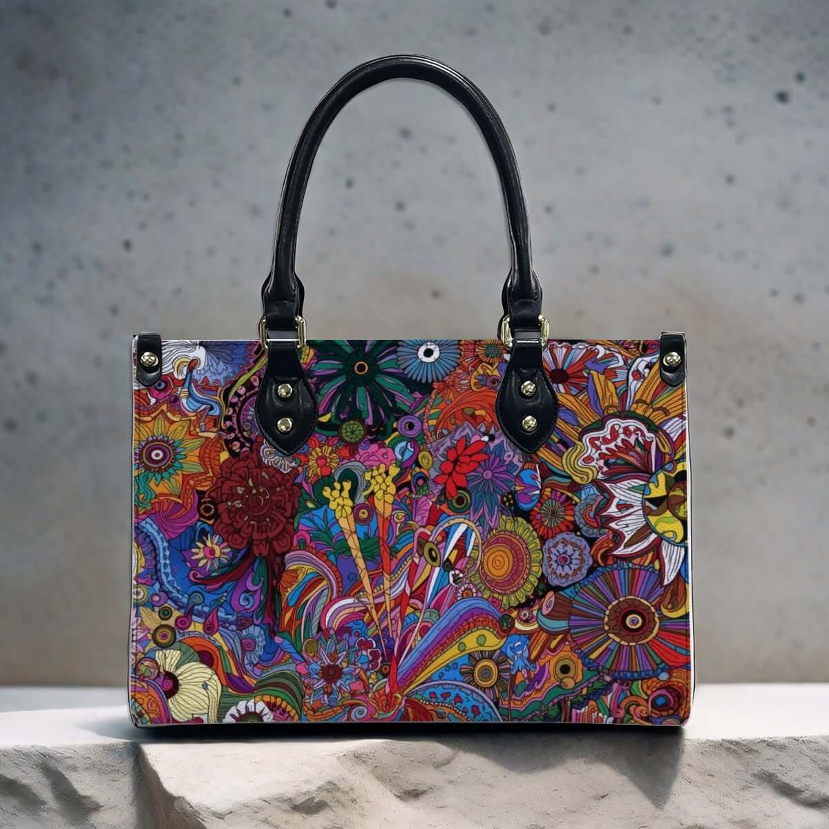 PU Tote Bag for Women with vibrant patterns, black handles and zipper, made of high-quality PU material, featuring UV printing.