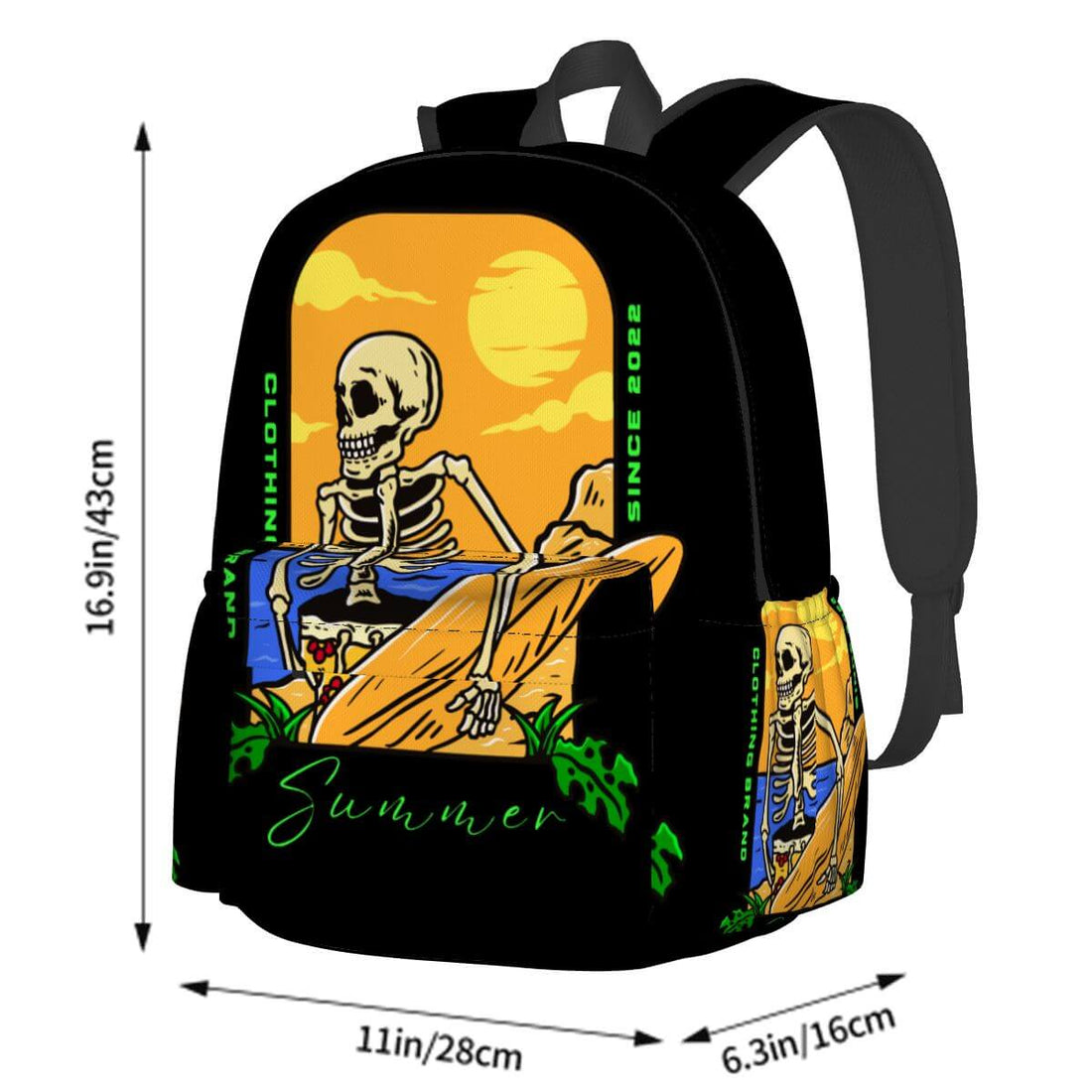 Geräumiger Oxford-Rucksack mit Seitentaschen aus Polyester, einseitiger Sublimationsdruck, 28x16x43 cm, mit sommerlichem Skelettmotiv.