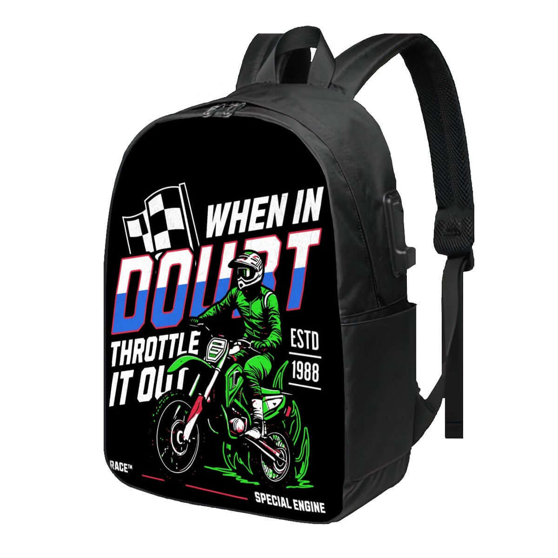 Motorrad-Design auf Oxford Reise-Laptop-Rucksack mit USB-Anschluss, schwarzer Rucksack mit Slogan &