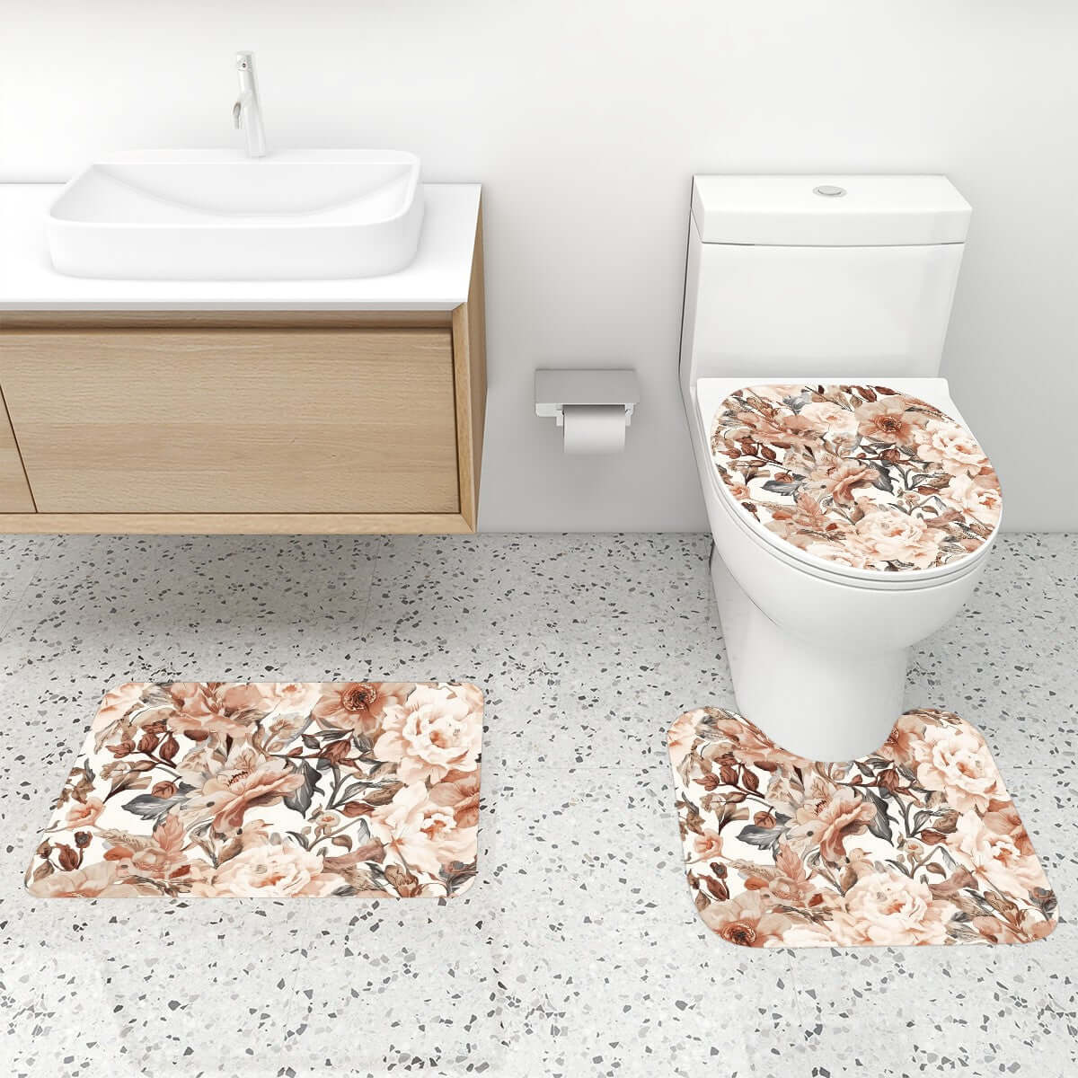 Blumiges Video Badezimmerteppich-Set mit Duschvorhang in Beige, 4-teilig, inklusive WC-Sitzbezug und U-förmigem Teppich aus Polyester.