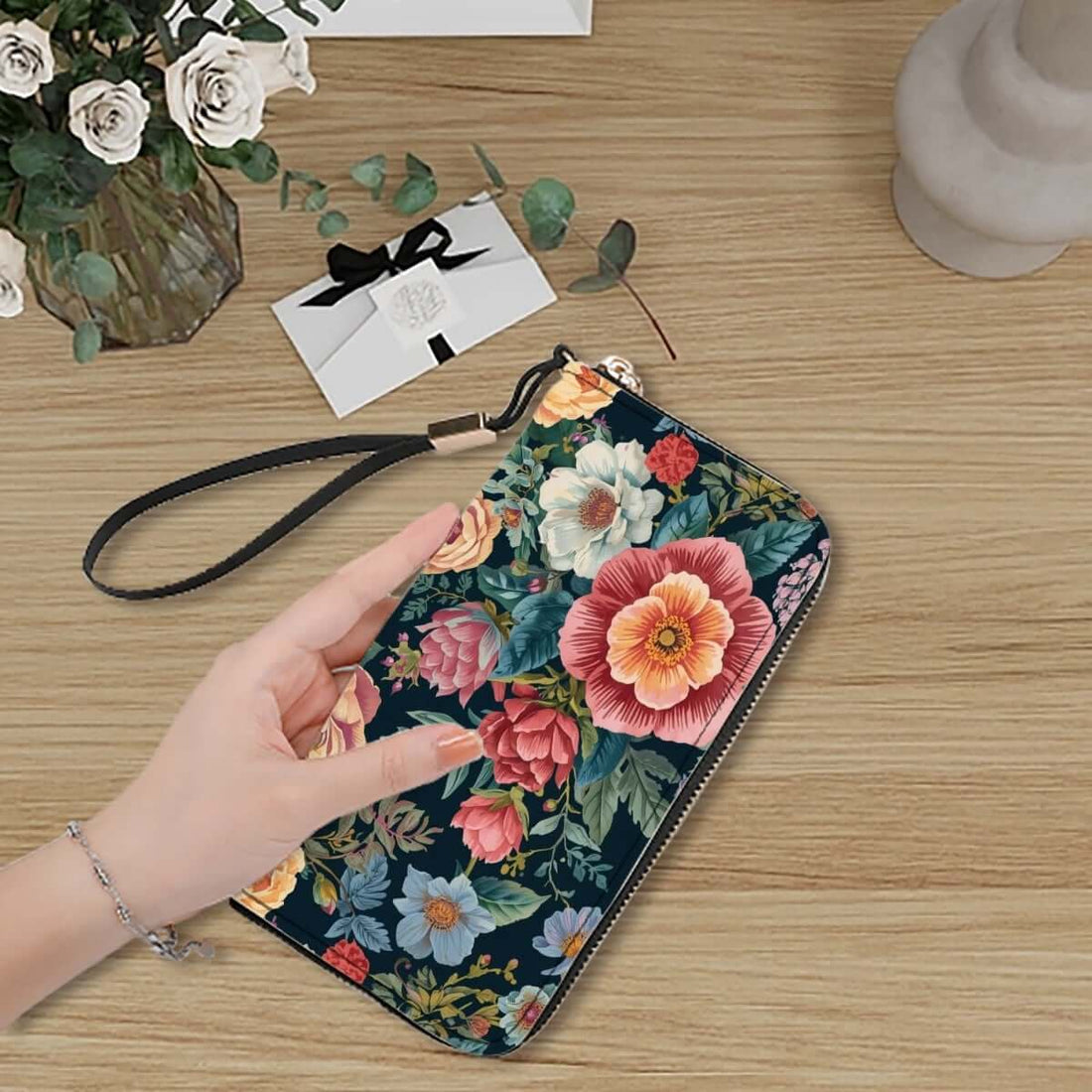 Clutch-Geldbörse für Damen aus PU mit Blumendesign, doppelseitiger Druck, UV-Drucktechnik, großes Fassungsvermögen, mehrere Kartenschlitze