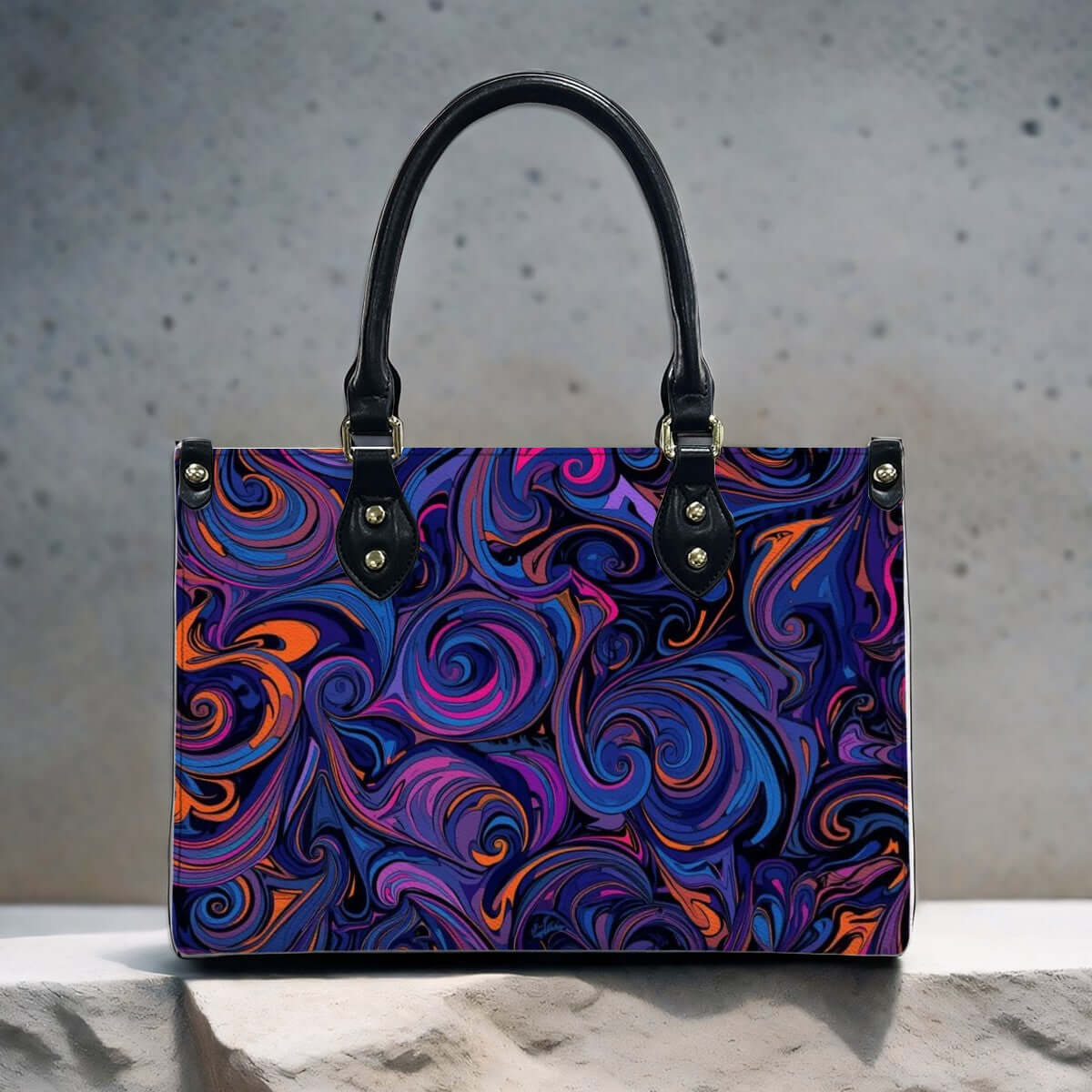 PU-Tragetasche für Damen mit buntem Muster, S bis L Größen, schwarze Griffe, Reißverschluss, hochwertiges PU-Material. Inkl. Aufbewahrungsbeutel-Set (2 Stück).