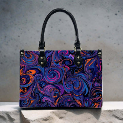 PU-Tragetasche für Damen mit buntem Muster, S bis L Größen, schwarze Griffe, Reißverschluss, hochwertiges PU-Material. Inkl. Aufbewahrungsbeutel-Set (2 Stück).