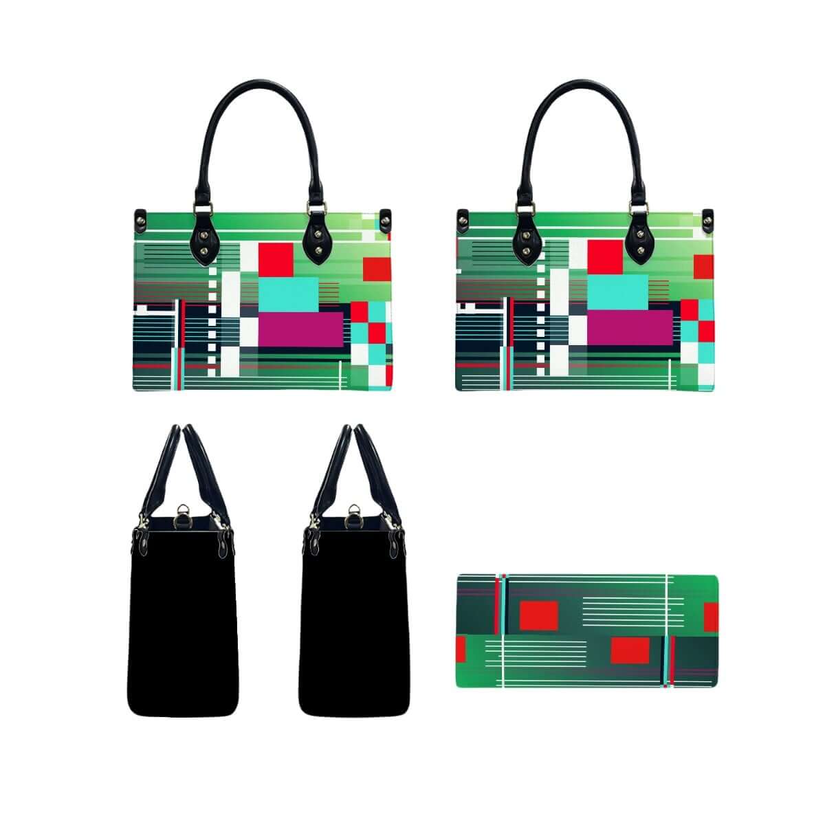 PU-Tragetasche für Damen mit buntem geometrischem Muster, schwarz gehaltene Griffe und Reißverschluss, verschiedene Ansichten