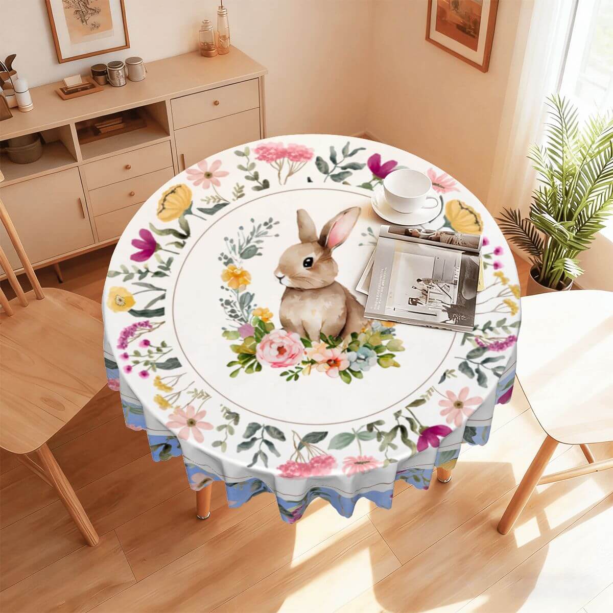 Runde Tischdecke mit gewelltem Rand, 60 Zoll Ostermotiv, aus 100% Polyester, sublimiertes einseitiges Design mit Osterhasen und Blumen.