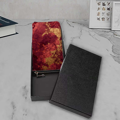 Clutch Wallet for Women made of PU fabric with UV printing in a stylish box on a marble surface. Keywords: Clutch-Geldbörse für Damen.