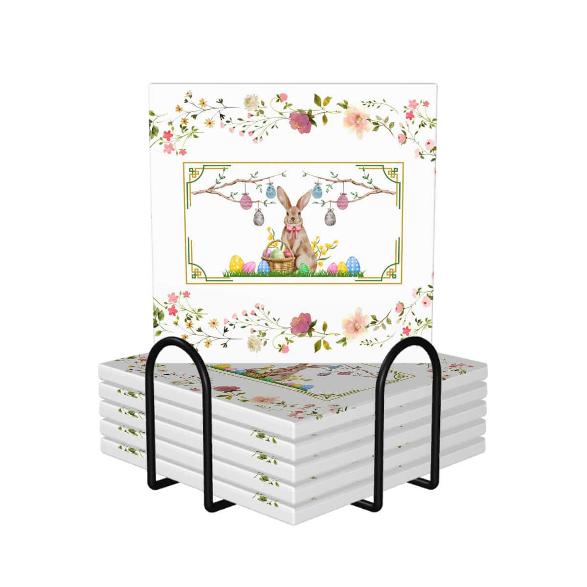 Quadratische Keramikuntersetzer, 6 Stück, mit Osterhasenmotiv und blumigem Design, ideal für Ostern, umweltfreundliche Keramikuntersetzer.