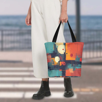 Frau mit bunter Schultertasche zum Einkaufen, Strandhintergrund