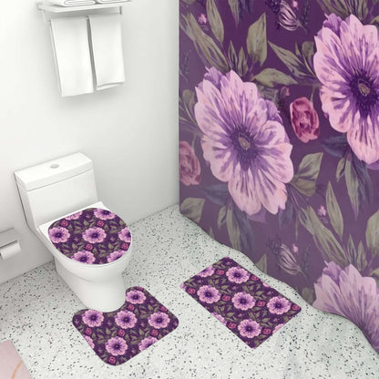 Video Badezimmerteppich-Set mit Duschvorhang, 4-teilig, lila Blumenmuster, Polyester, dekorativer Look für Badezimmer