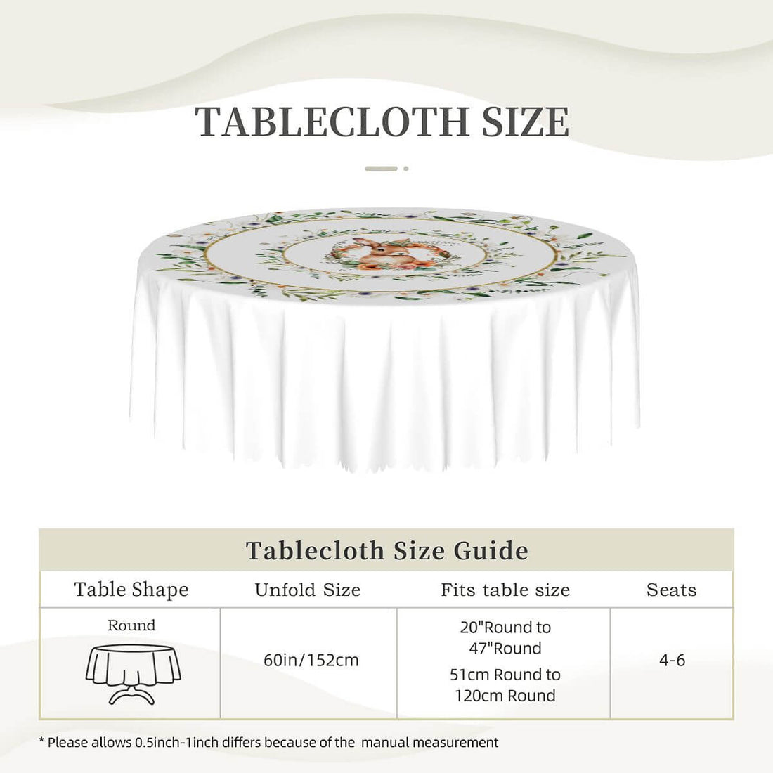 Runde Tischdecke mit gewelltem Rand, 60 Zoll Ostermotiv, 100% Polyester, wasserdicht, Tischgröße 20-47 inches, Platz für 4-6 Personen