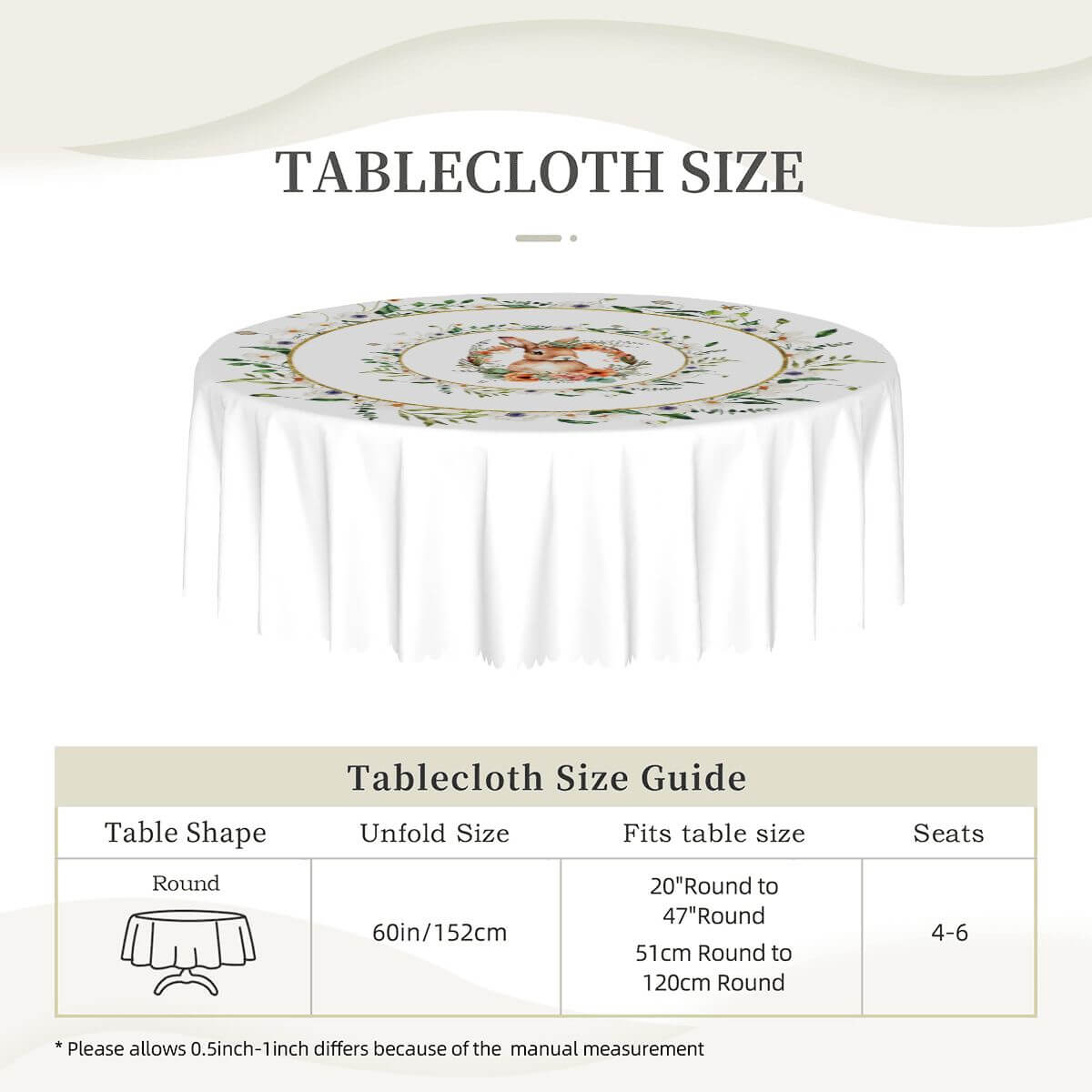 Runde Tischdecke mit gewelltem Rand, 60 Zoll Ostermotiv, 100% Polyester, wasserdicht, Tischgröße 20-47 inches, Platz für 4-6 Personen