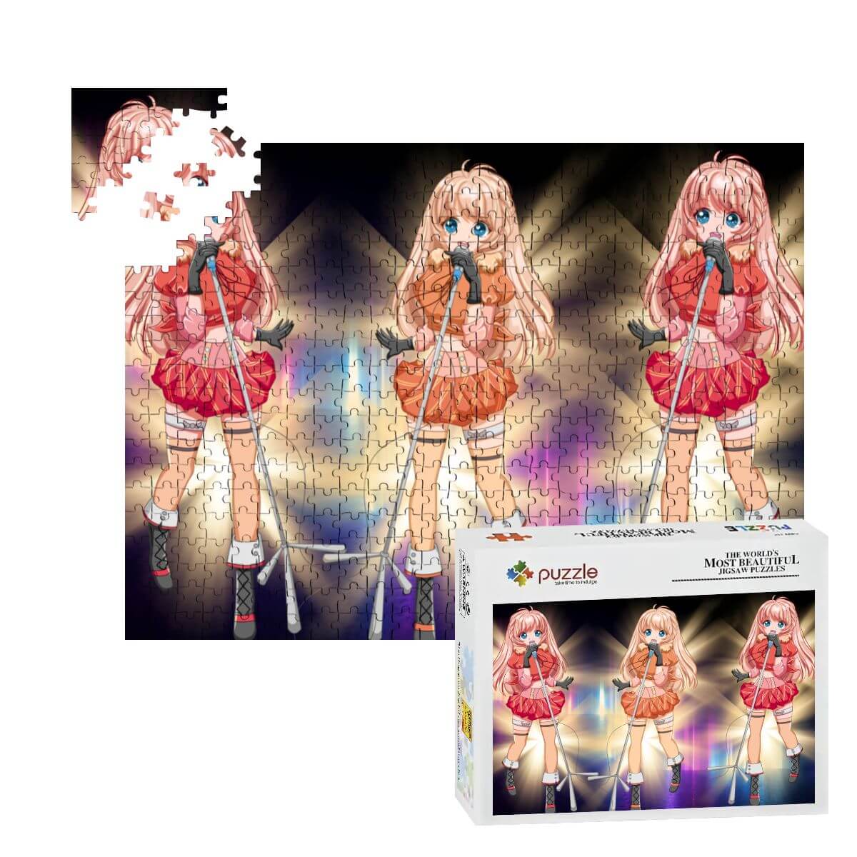 500-teiliges Holzpuzzle (horizontal) mit Animationscharakter, unvollständig montiert und Verpackung sichtbar.