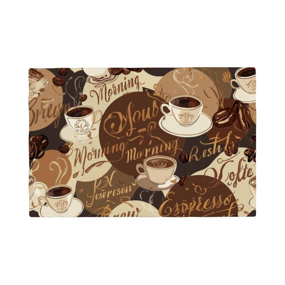 Illustration von Kaffeetassen auf einem doppellagigen Tischset aus Leinenimitat mit Kaffee-Design, Sublimationdruck für effektive Isolierung.