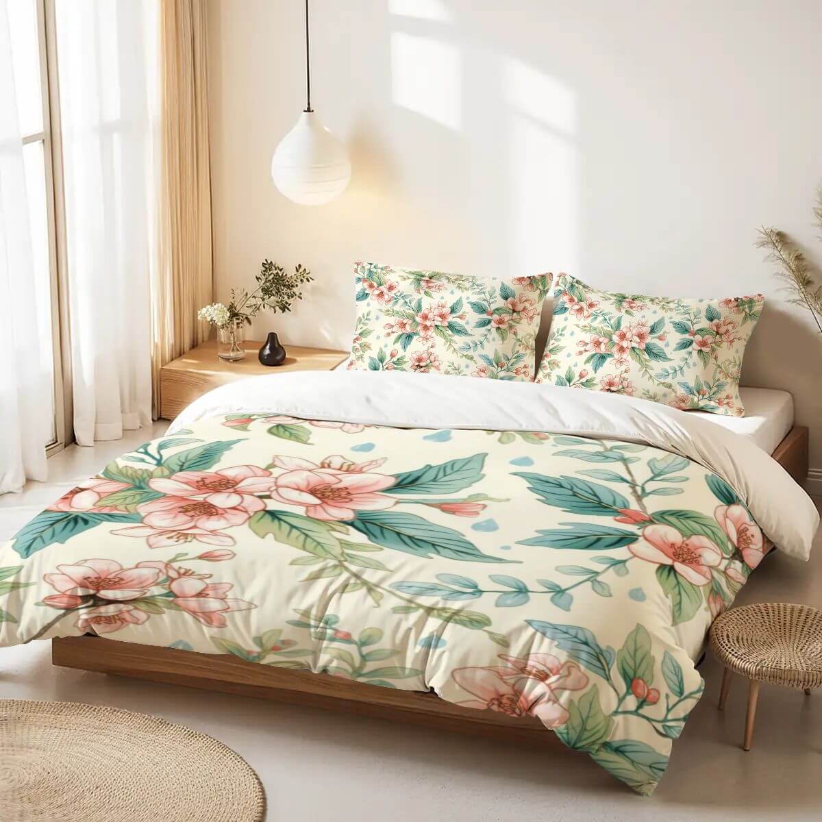 Queen-Bettwäsche-Set- Weich &amp; Atmungsaktiv mit floralem Design, Polyester, Bettbezug 90x90, Kissenbezüge 30x20x2, moderne Schlafzimmerdeko