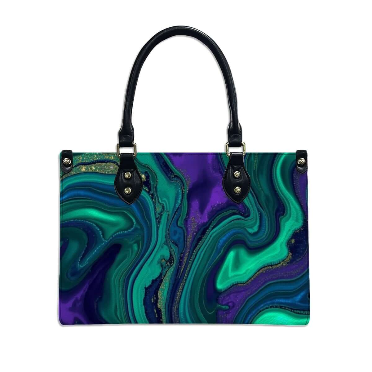 PU-Tragetasche für Damen mit grünem und blauem Muster, schwarze Griffe, aus hochwertigem PU-Material, Details für PU-Tragetasche für Damen ansehen