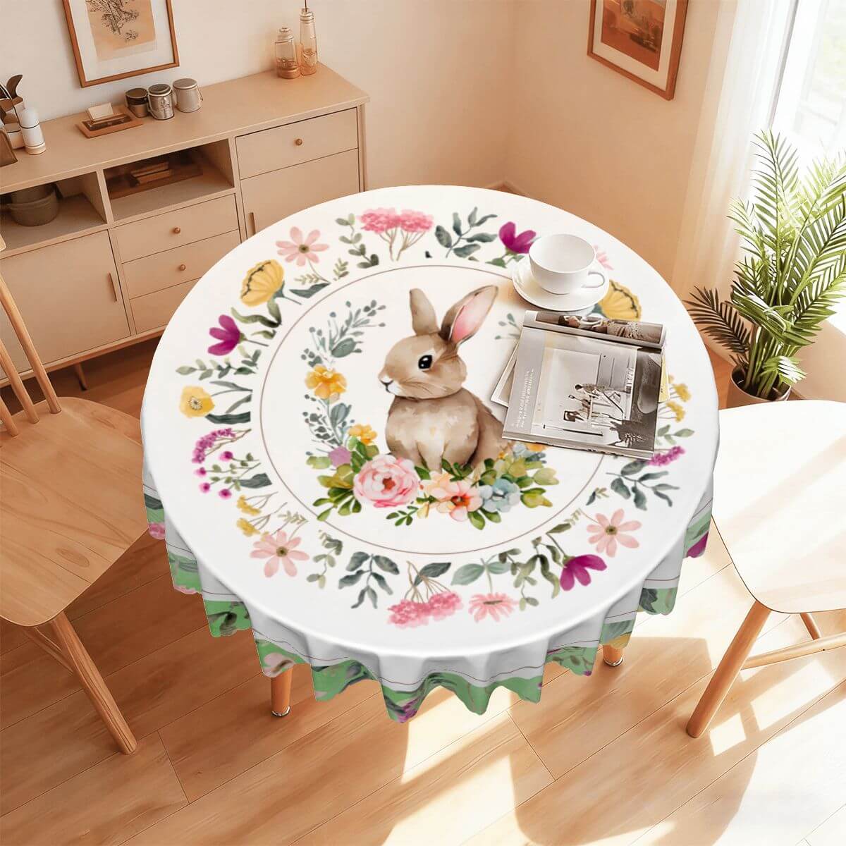 Runde Tischdecke mit gewelltem Rand, 60 Zoll Ostermotiv mit Blumen und Hase, ideal für Schutz und Dekoration in Esszimmer.