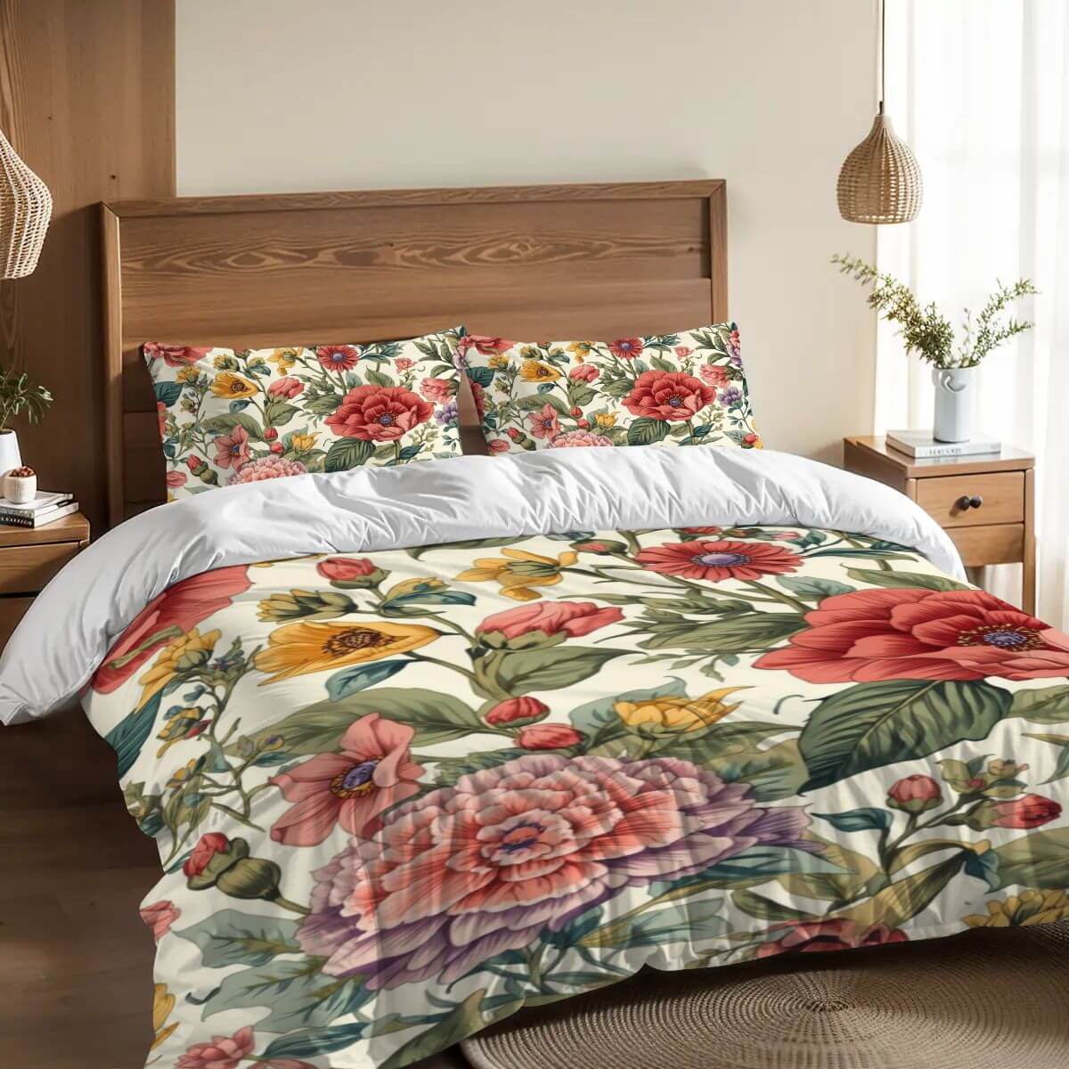 Komplettes Bettwäscheset aus 90GSM Polyester mit floralem Design, zeigen Bettbezug und Kissenbezüge, langlebig und atmungsaktiv.