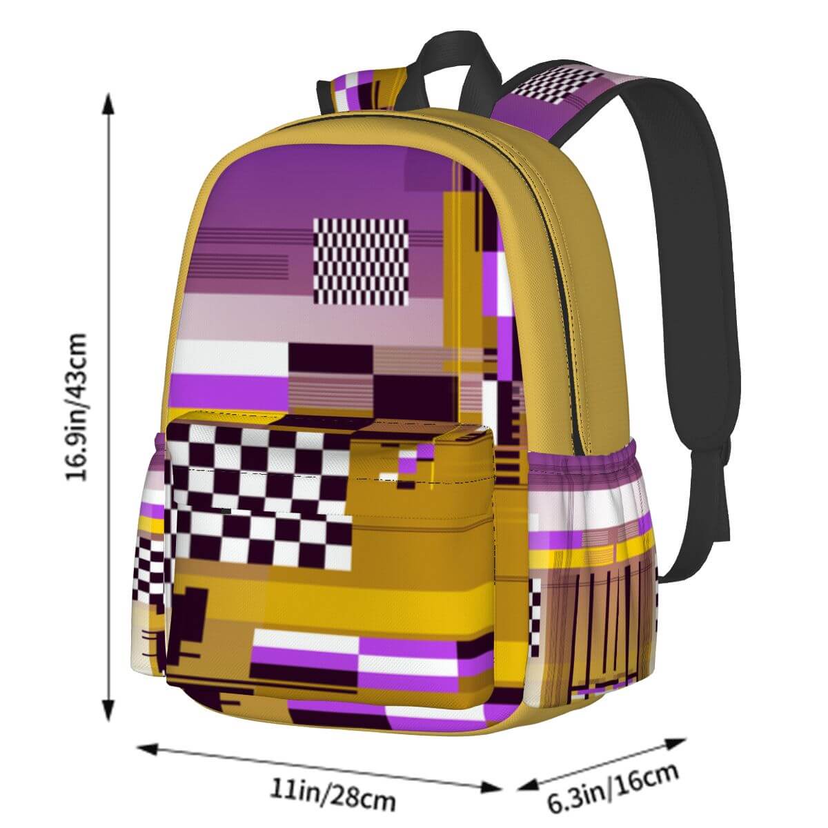 Geräumiger Oxford-Rucksack mit Seitentaschen und buntem Design auf Oxford-Stoff, ideal für Alltagsgebrauch.