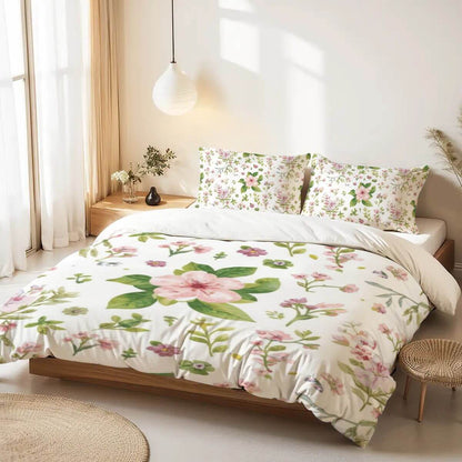 Queen-Bettwäsche-Set aus 90GSM Polyester mit Blumendesign, Bettbezug 90x90 Zoll, Kissenbezüge 30x20 Zoll, hochwertig und atmungsaktiv.