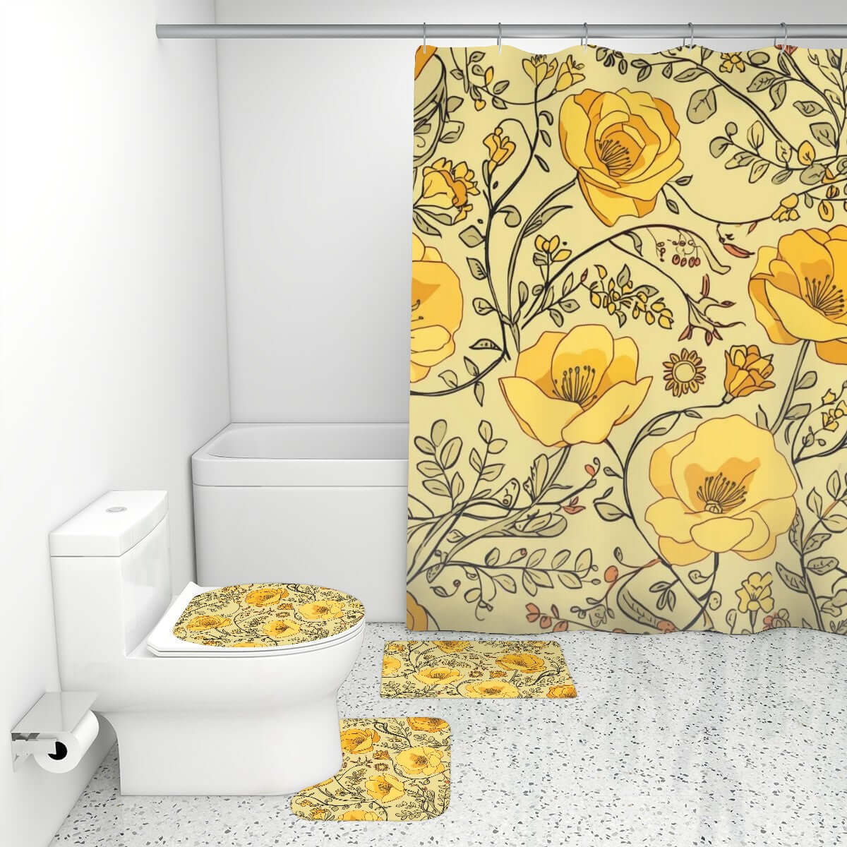 Badezimmerteppich-Set mit Duschvorhang, 4-teilig in Gelb mit Blumendesign, bestehend aus Teppich, WC-Sitzbezug und U-förmiger Matte.
