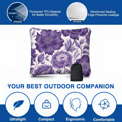 Video Aufblasbares Campingkissen mit lila Blumendesign, hautfreundlich &amp; atmungsaktiv, leicht und ergonomisch für Outdoor-Abenteuer