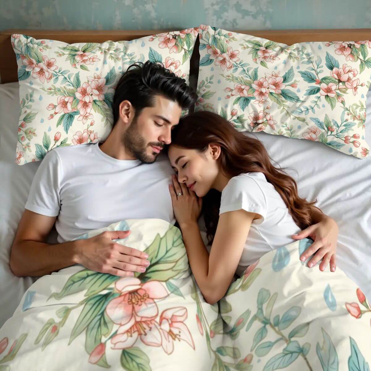 Paar schläft in Queen-Bettwäsche-Set- Weich &amp; Atmungsaktiv mit Blumendesign, zeigt Komfort und Stil.