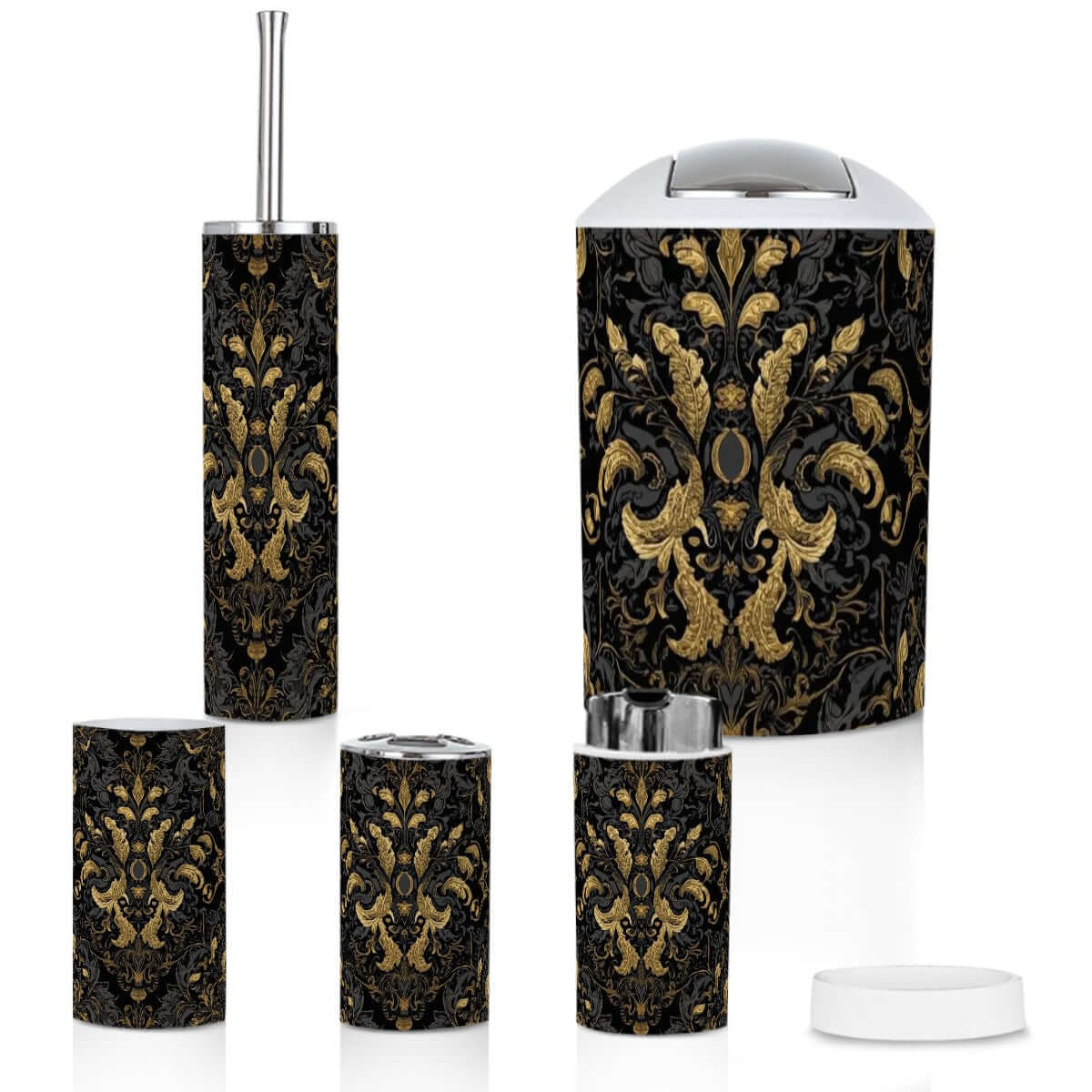 Elegantes Badezimmer-Accessoires-Set, 5-teilig aus Plastik mit individuellem Design, wasser- und fleckenbeständig. Details für Badezimmer-Accessoires-Set, 5-teilig ansehen