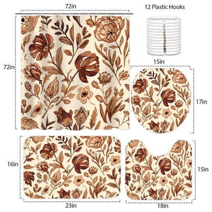 Badezimmerteppich-Set mit Duschvorhang, 4-teilig, florales Design, inklusive Teppiche und Toilettensitzabdeckung, wasserfestes Polyester.