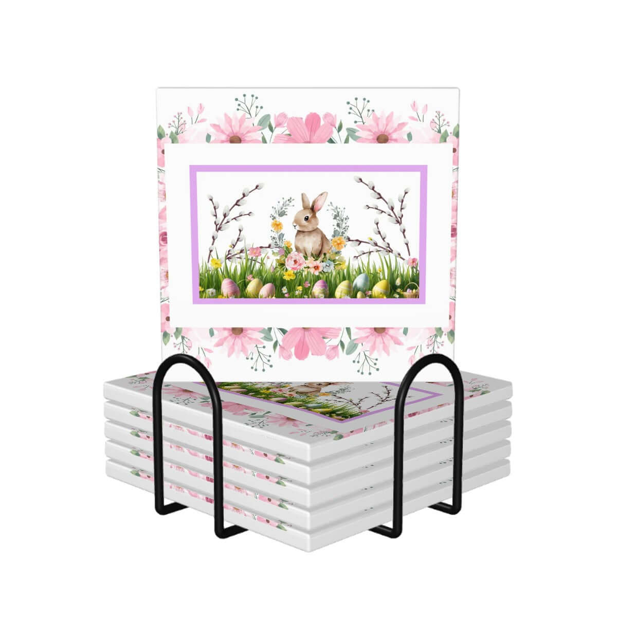 Quadratische Keramikuntersetzer, 6 Stück mit Osterhasen-Design in Halterung, UV-Druck, 4"x4", keramikfreundlich, umweltfreundlich.