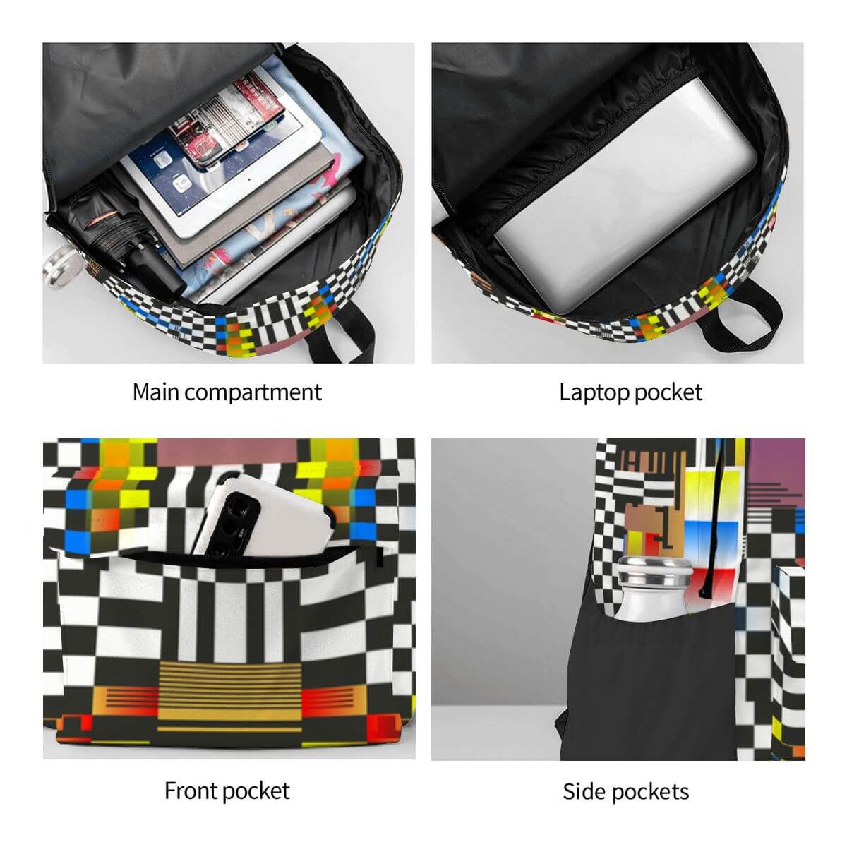 Geräumiger Oxford-Rucksack mit Seitentaschen, Hauptfach für Laptop und Bücher, bunte Front- und Seitentaschen. Praktischer Schulrucksack.