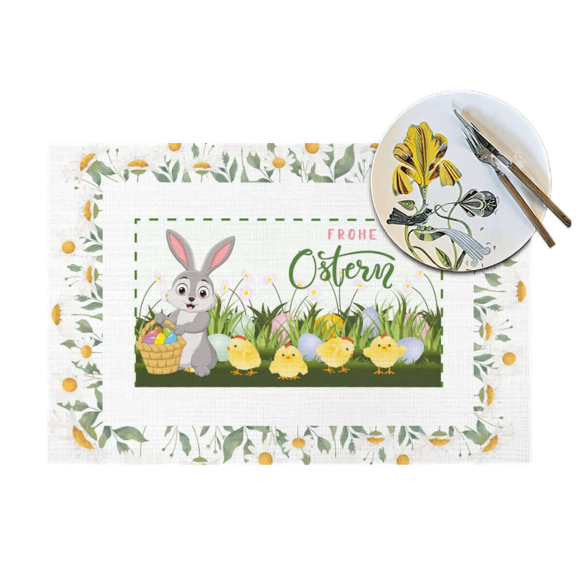 Tischset aus gewebtem PVC mit Osterhasen und Küken-Design, 18x12 Zoll, hitzebeständig bis 80°C, kratzfest und rutschfest.