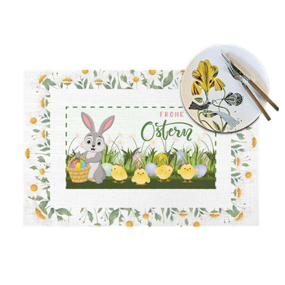 Tischset aus gewebtem PVC mit Osterhasen und Küken-Design, 18x12 Zoll, hitzebeständig bis 80°C, kratzfest und rutschfest.
