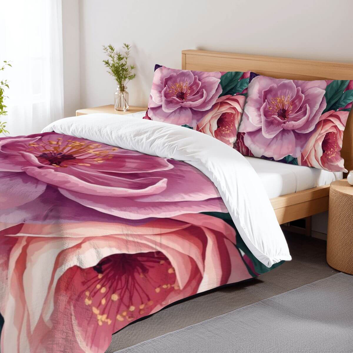 Komplettes Bettwäscheset aus 90GSM Polyester mit floralem Design, Bettbezug 80x90, Kissenbezüge 30x20, sublimationsbedruckt