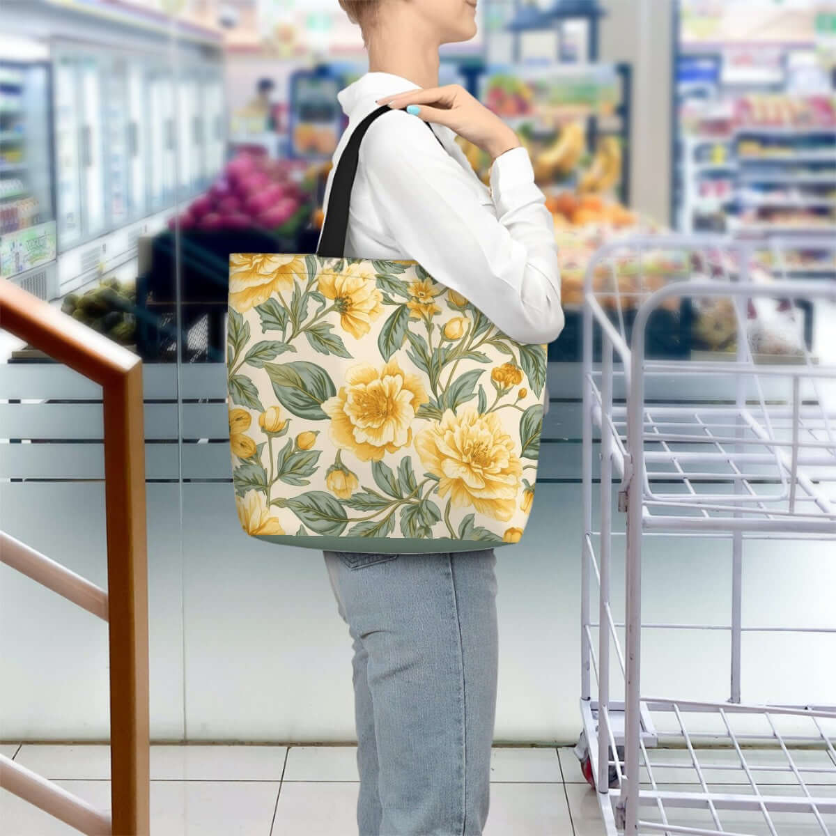 Frau mit Große Tragetasche im Blumenmuster-Design im Supermarkt, 100% Polyester, Maße 19,6"x15,7"x5,9".