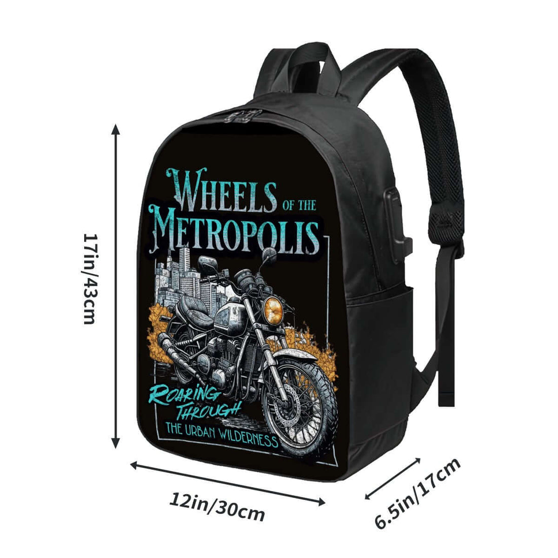 Motorcycle-themed black backpack with urban design and dimensions indicated, showing &