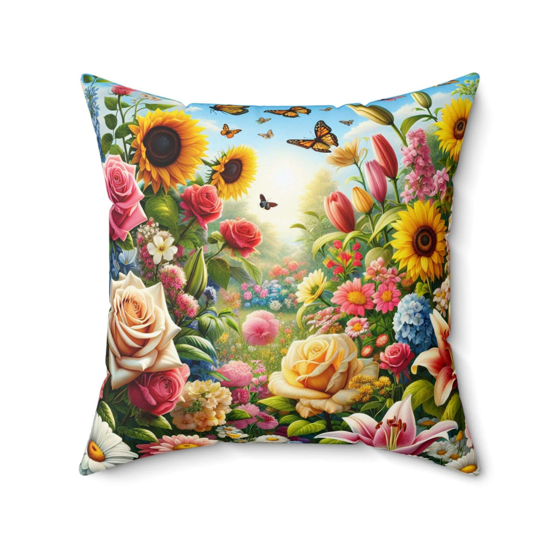 Dekokissen mit Blumengarten farbenfroher Wohnakzent mit Blumenmuster, Sonnenblumen, Rosen und Schmetterlingen, perfektes Wohnaccessoire