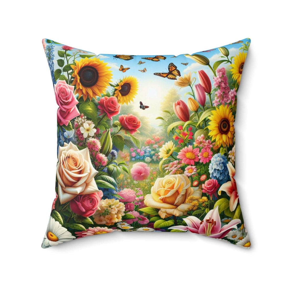 Dekokissen mit Blumengarten farbenfroher Wohnakzent mit Blumenmuster und Schmetterlingen, quadratisches Kissen für lebendige Raumdekoration