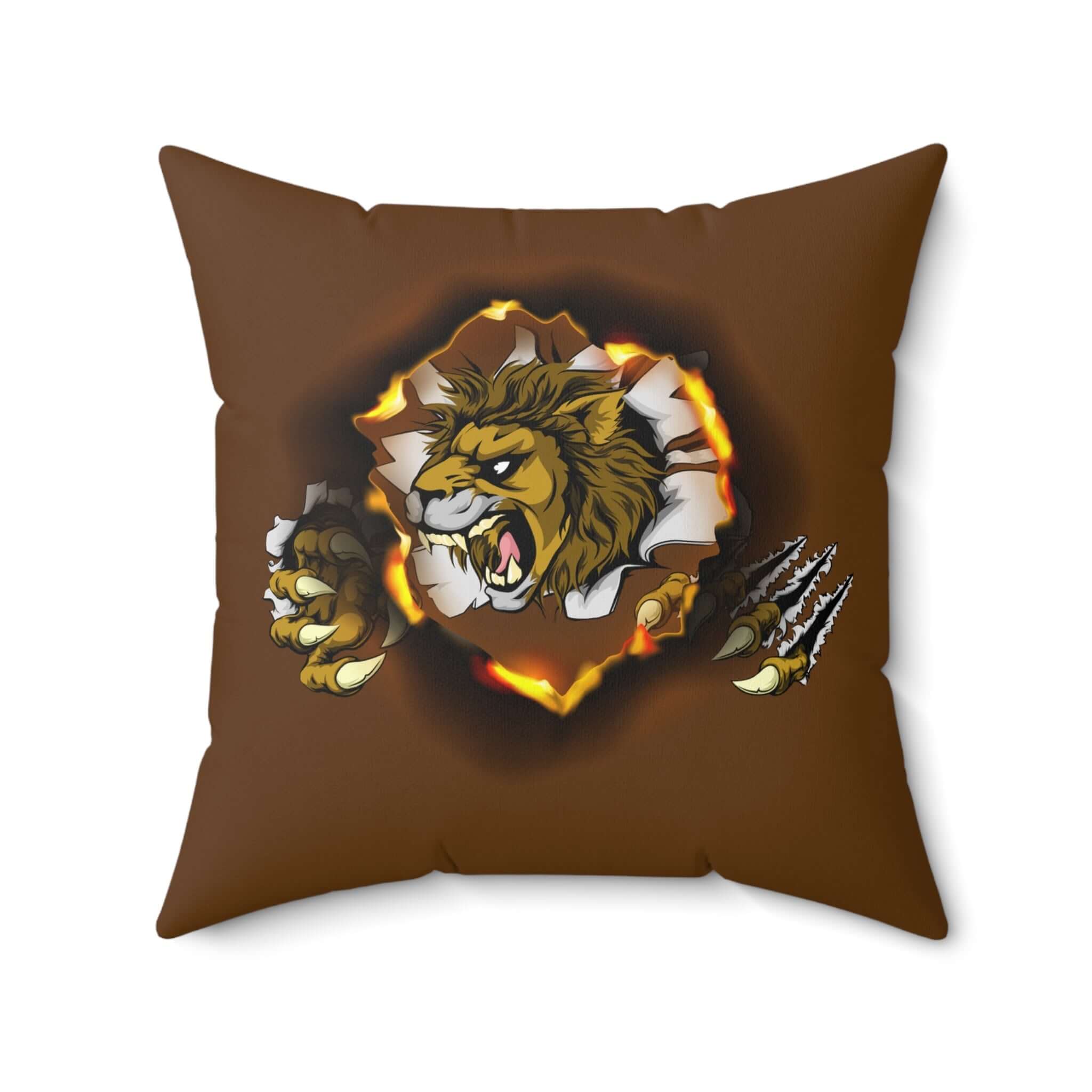 Dekokissen mit brüllendem Löwen, Geschenk für Tierliebhaber – Quadratisches Kissen mit Löwendesign auf braunem Hintergrund