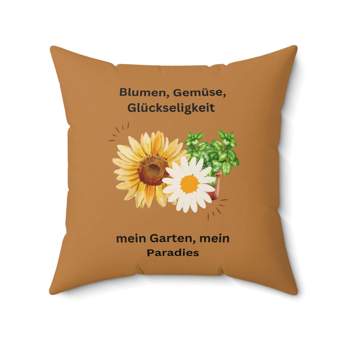 Dekokissen mit Garteninspiration, dekoratives Kissen mit Blumenmuster und Zitat für eine einladende Atmosphäre.