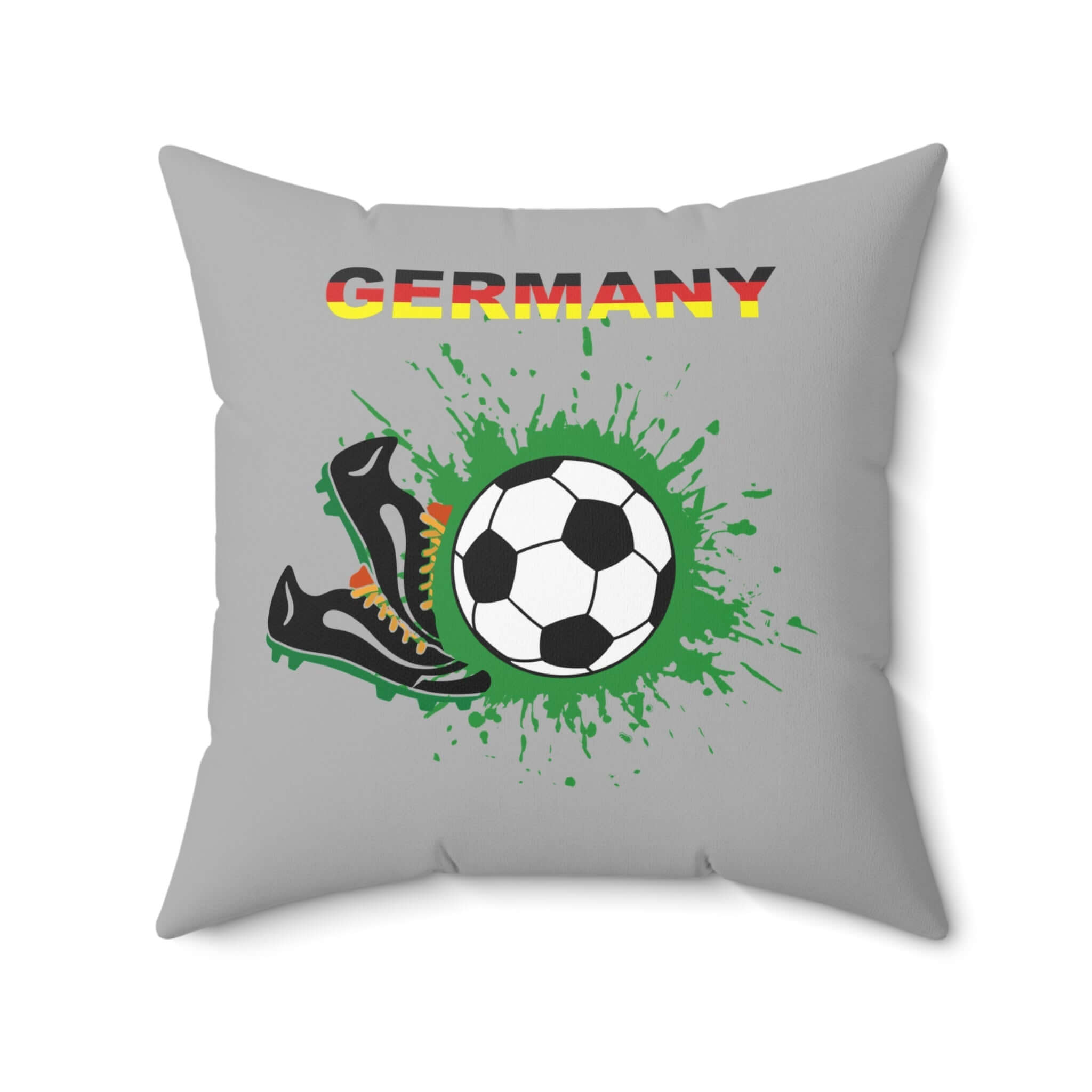 Dekorkissen mit Fußball-Motiv Germany, graues Kissen mit Fußball und Schuhen als Design, ideales Accessoire für Fußballzimmer.