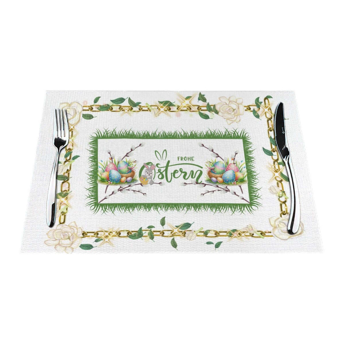 Tischset aus gewebtem PVC mit Ostern-Motiv und Besteck, hitzebeständig bis 80°C, kratz- und fleckenresistent, Details ansehen
