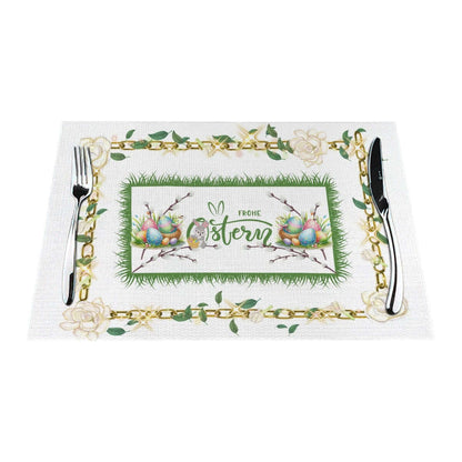 Tischset aus gewebtem PVC mit Ostern-Motiv und Besteck, hitzebeständig bis 80°C, kratz- und fleckenresistent, Details ansehen