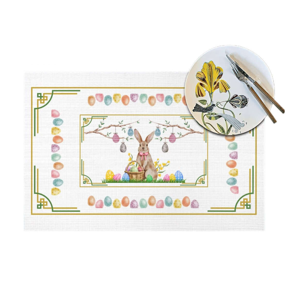 Tischset aus gewebtem PVC mit Osterhasenmotiv, dekorativer Eiergestaltung und Geschirr. Details für Tischset aus gewebtem PVC ansehen.