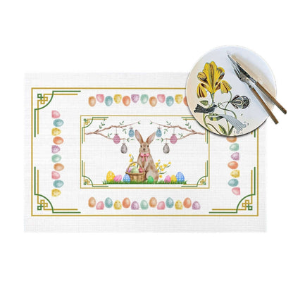 Tischset aus gewebtem PVC mit Osterhasenmotiv, dekorativer Eiergestaltung und Geschirr. Details für Tischset aus gewebtem PVC ansehen.