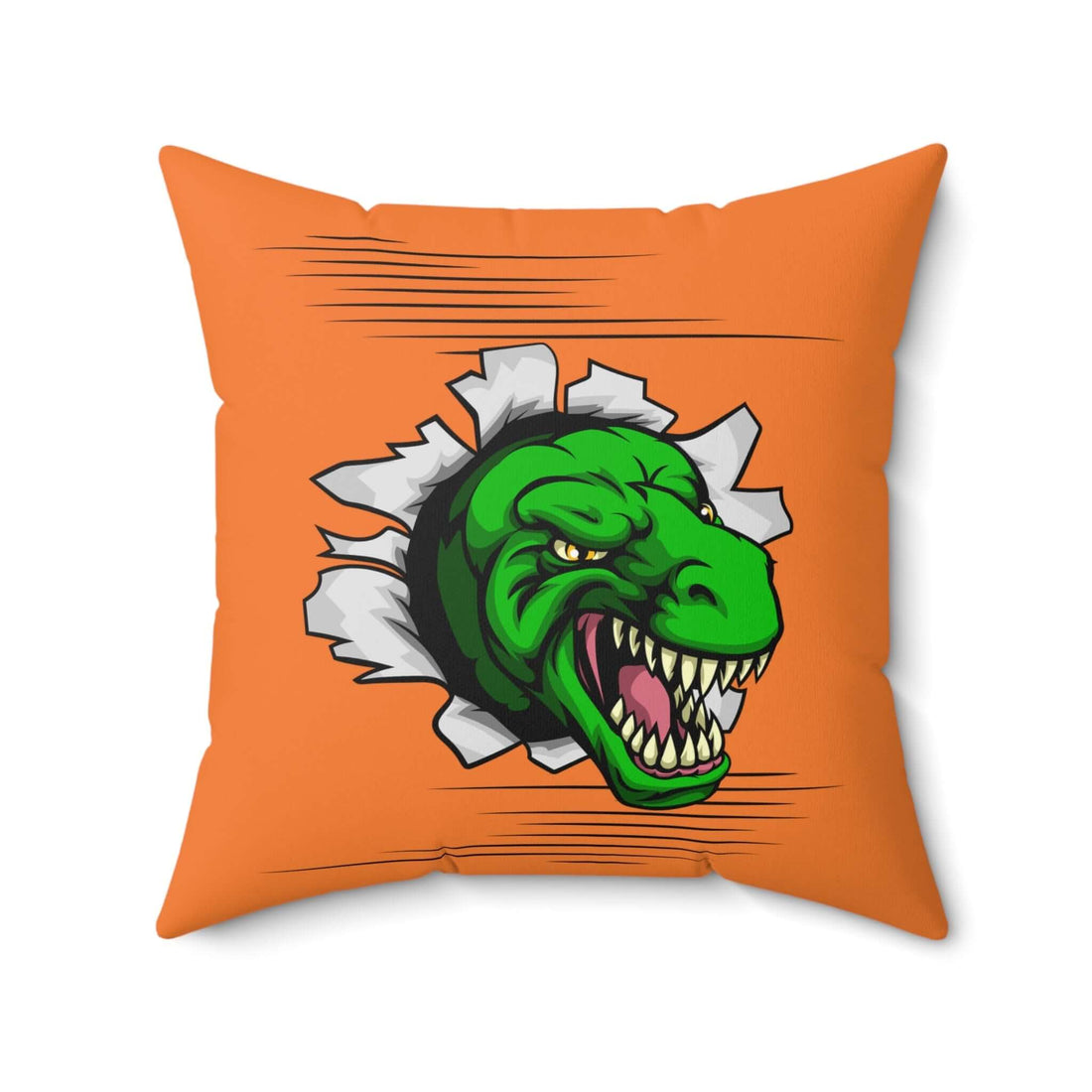 Dinosaurier-inspiriertes Dekokissen, Lustiges Wohndekor mit grünem Dinosaurierdesign auf orangefarbenem Kissen, ideal für Wohnräume. Kissen