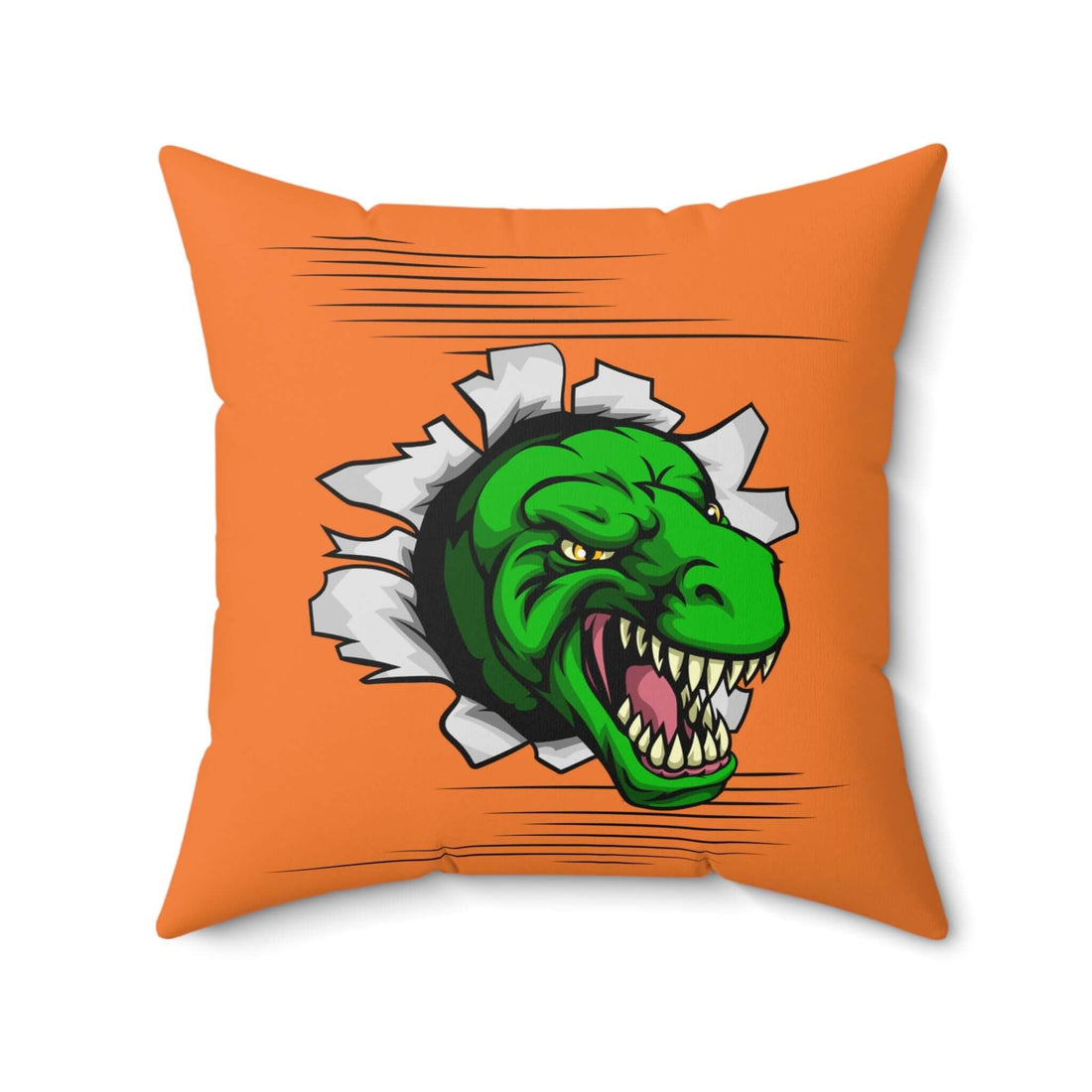 Dinosaurier-inspiriertes Dekokissen, Lustiges Wohndekor mit grünem Dinosaurierdesign auf orangefarbenem Kissen, auffälliges Wohndekor-Kissen.